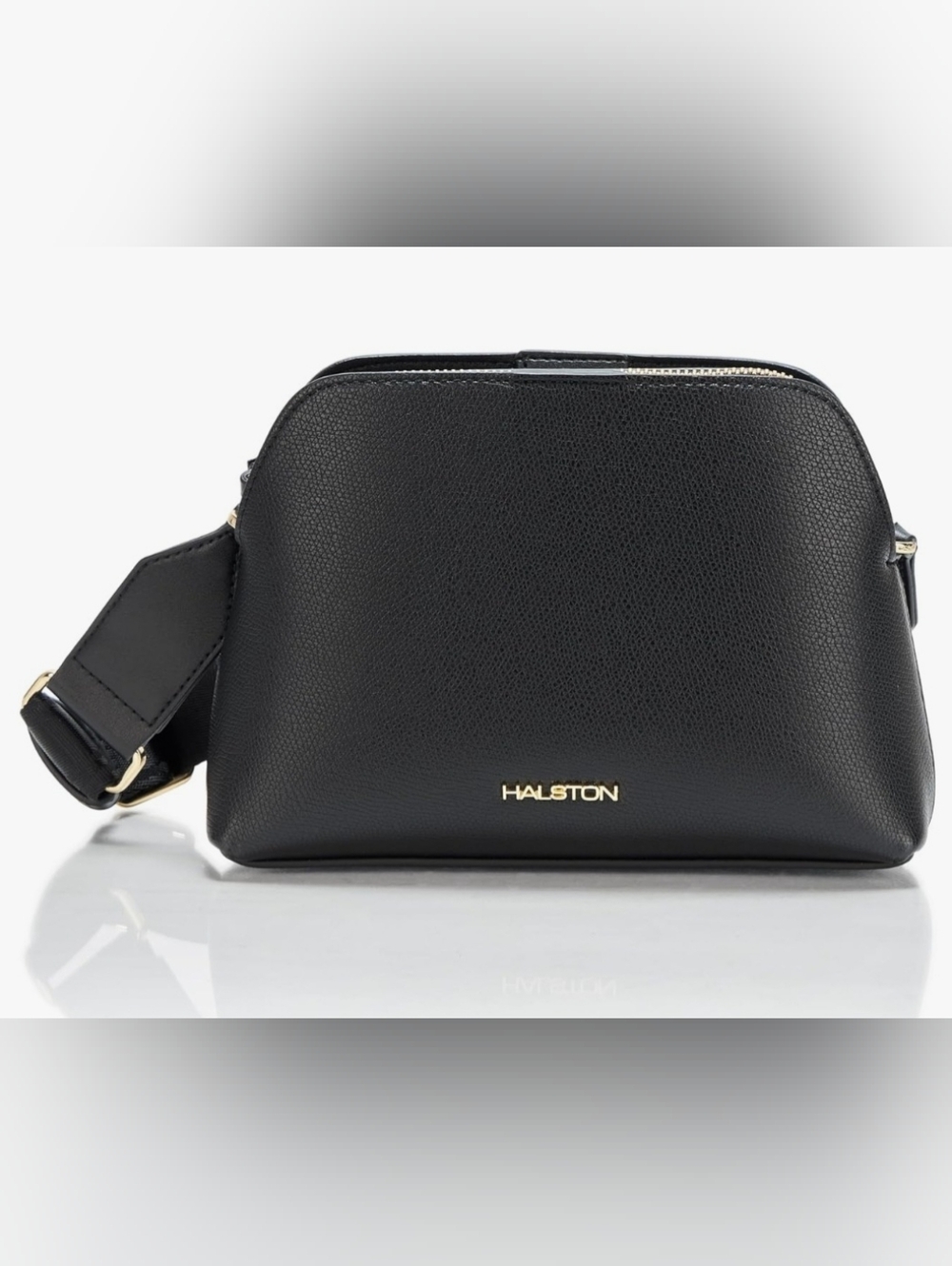 H by Halston Quincy Embossed Pebble Black Top Zip Crossbody Bag with Gold Logo